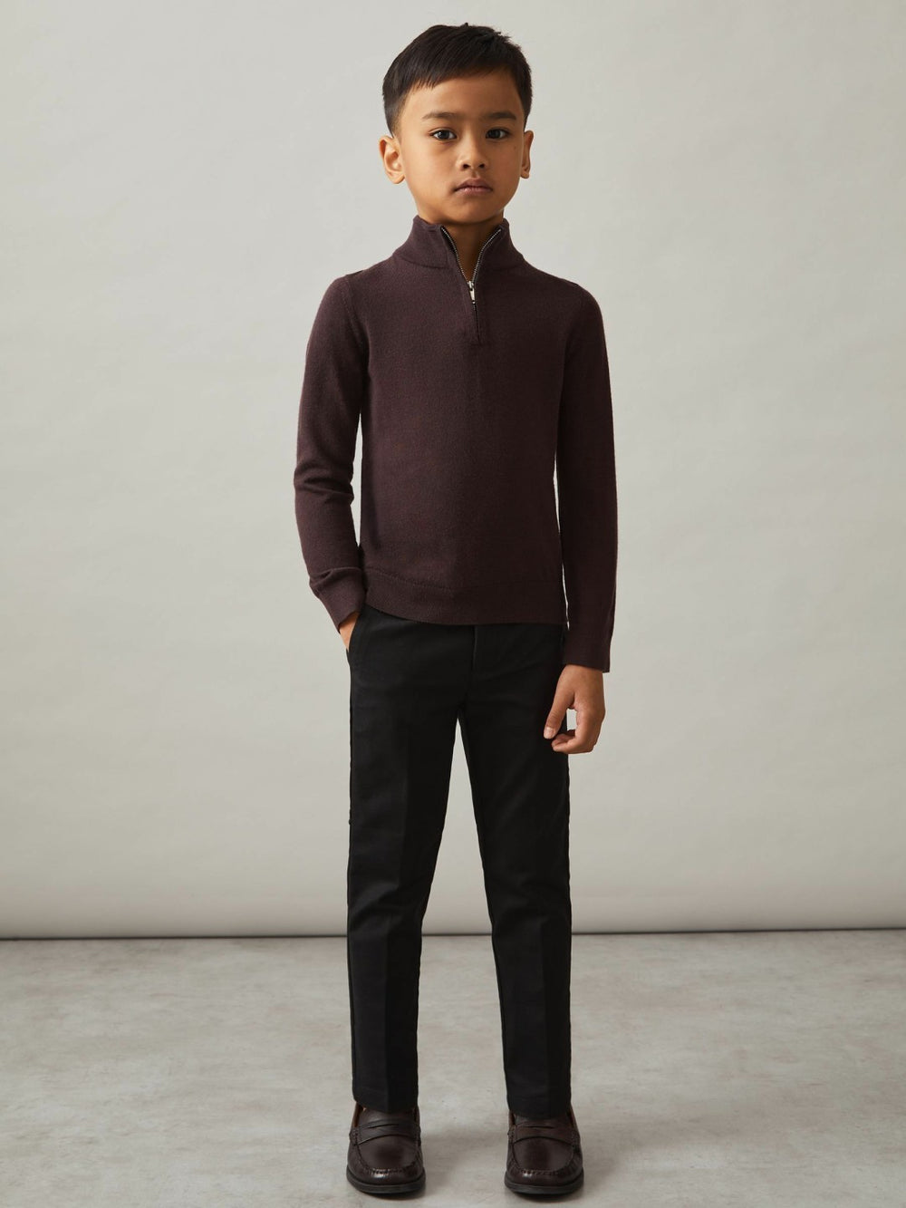 Reiss | 9-13 yrs Merino Wool Half-Zip Funnel Neck Jumper in Dark Bordeaux