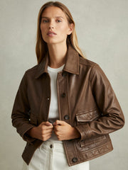 Reiss | Leather Trucker Jacket in Chocolate