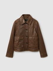 Reiss | Leather Trucker Jacket in Chocolate