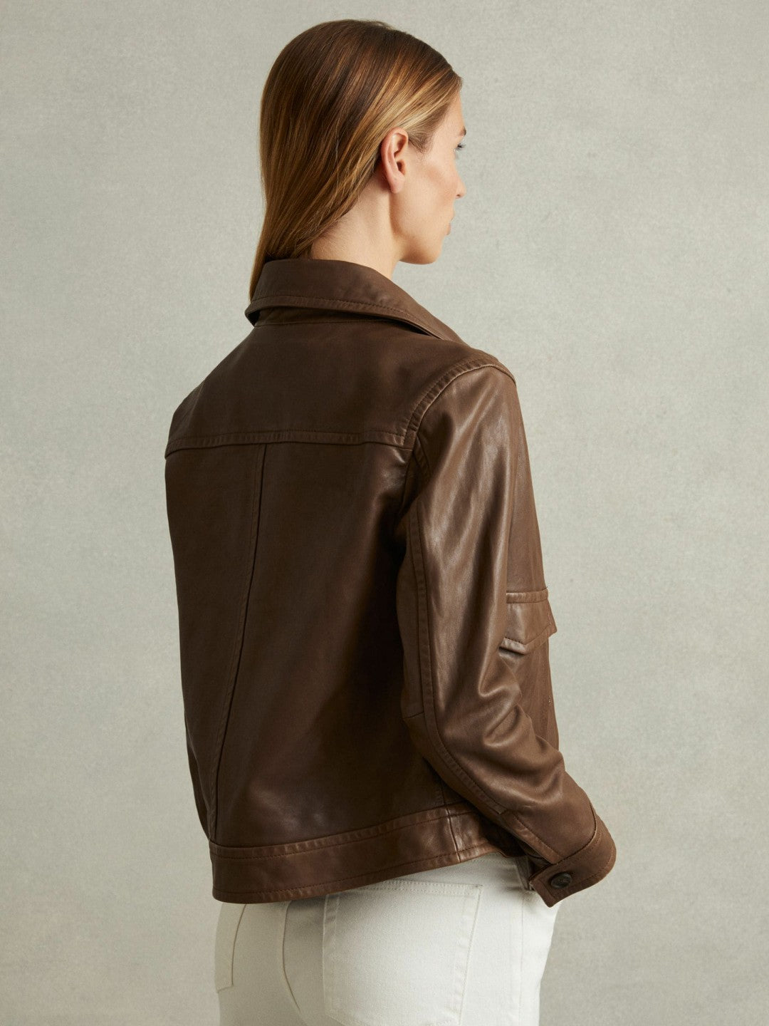 Reiss | Leather Trucker Jacket in Chocolate