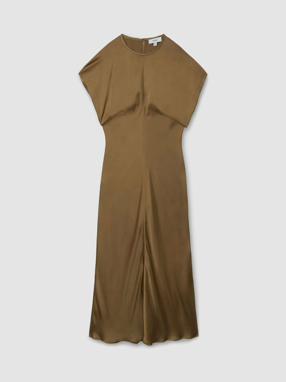 Reiss | Satin Short-Sleeve Midi Dress in Khaki
