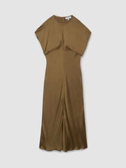 Reiss | Satin Short-Sleeve Midi Dress in Khaki