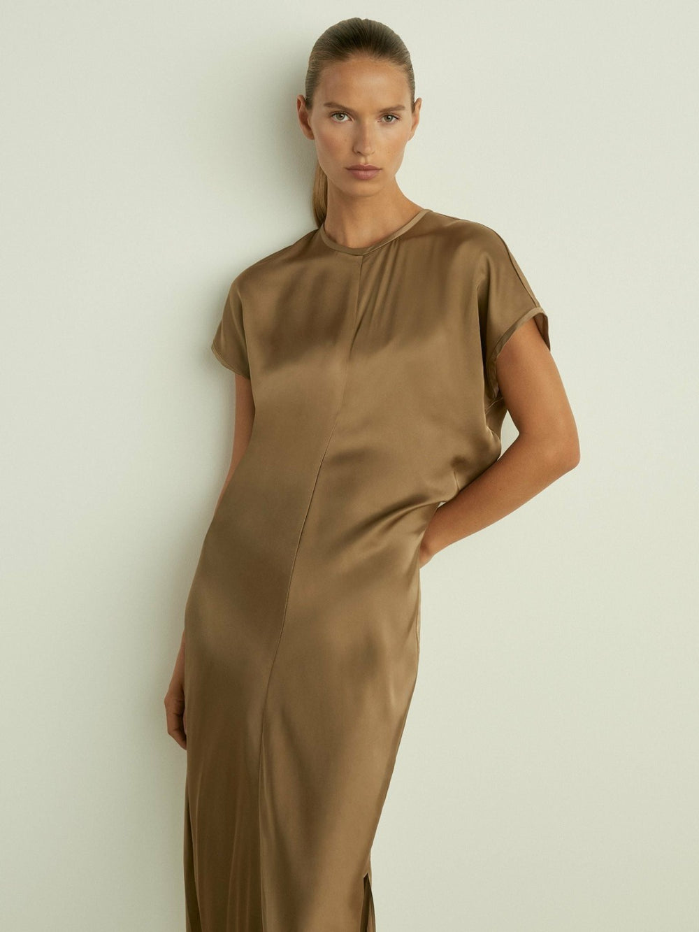 Reiss | Satin Short-Sleeve Midi Dress in Khaki