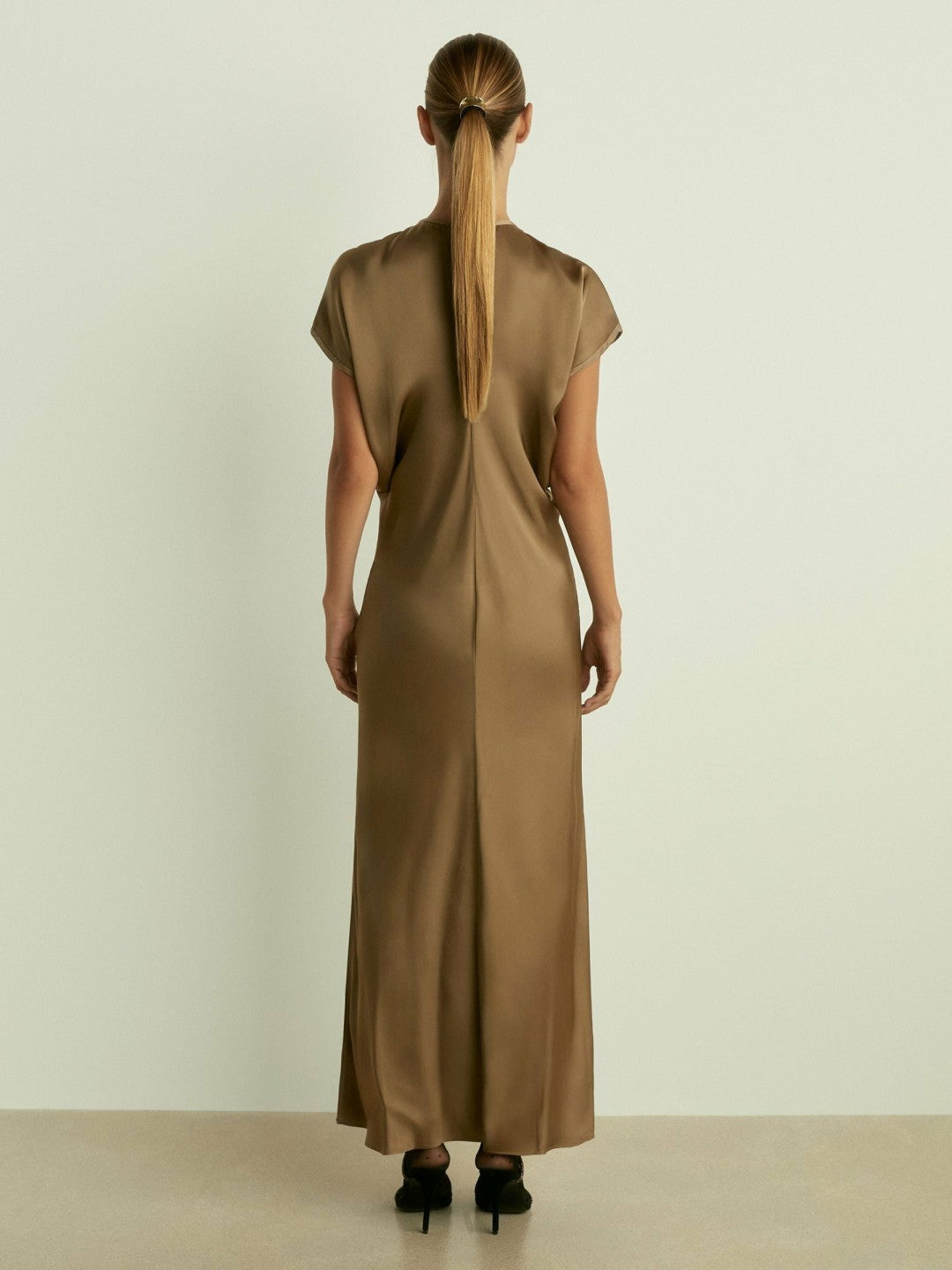 Reiss | Satin Short-Sleeve Midi Dress in Khaki