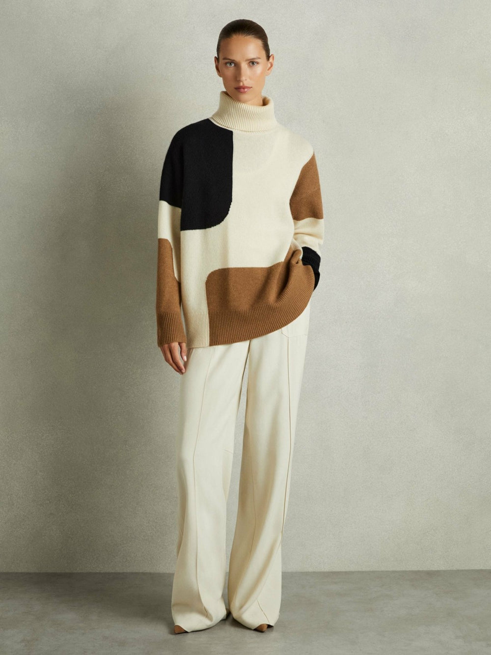 Reiss | Wool-Cashmere Colourblock-Intarsia Jumper in Cream/Brown