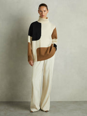 Reiss | Wool-Cashmere Colourblock-Intarsia Jumper in Cream/Brown