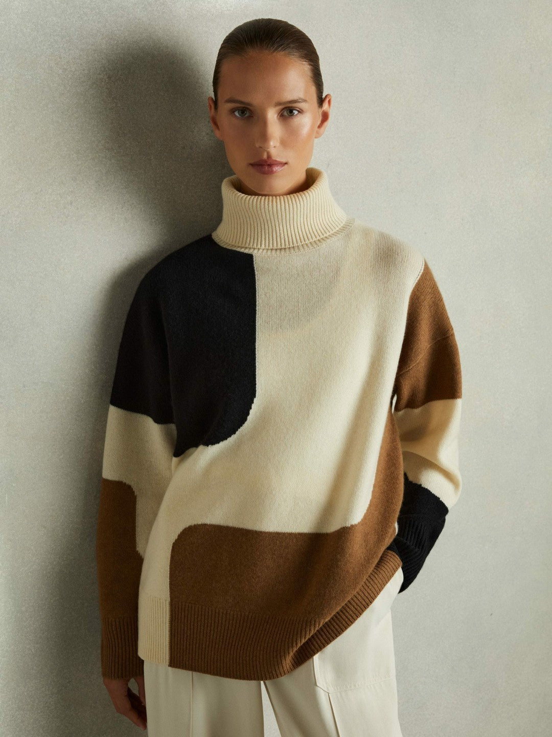 Reiss | Wool-Cashmere Colourblock-Intarsia Jumper in Cream/Brown