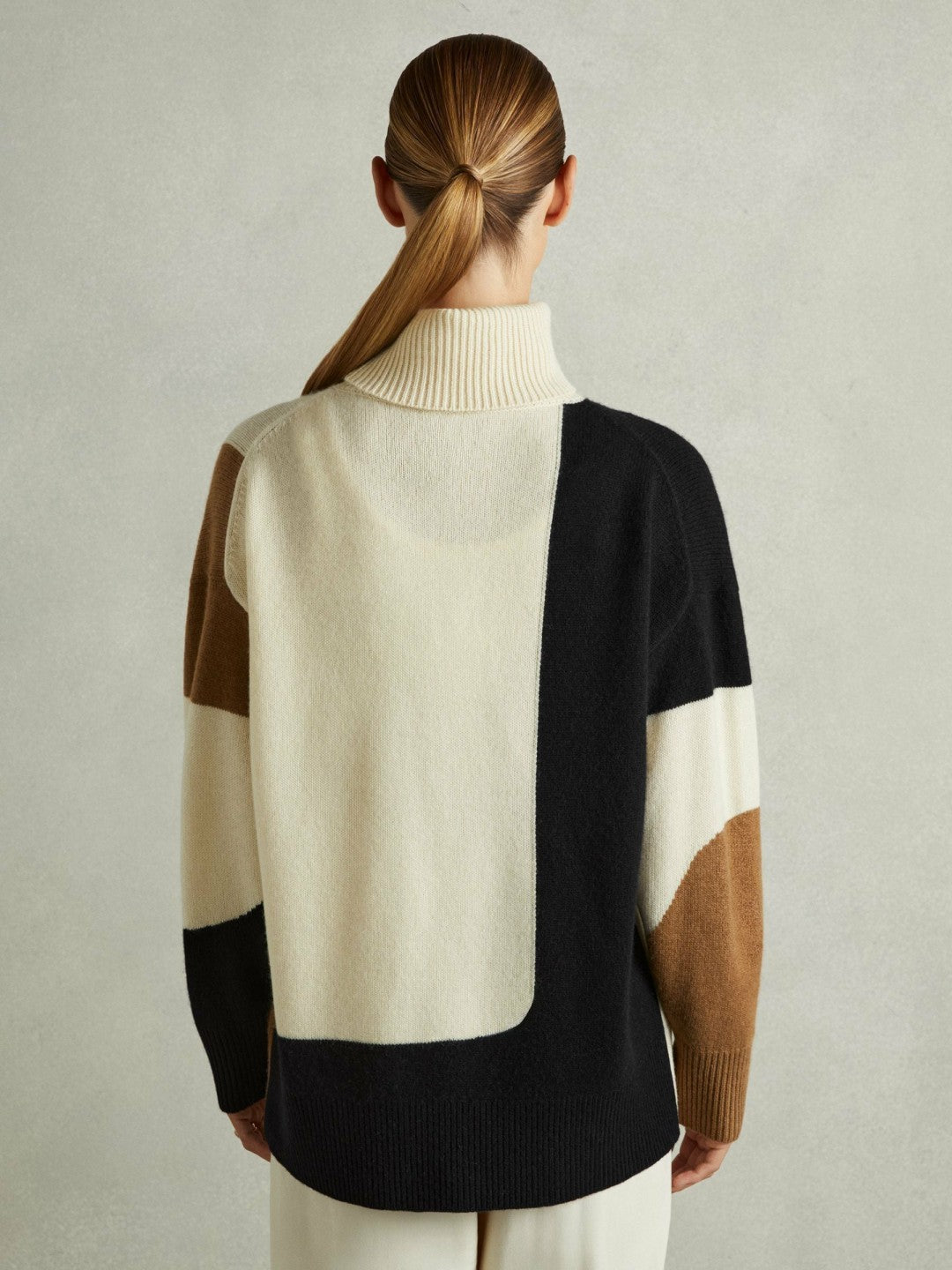 Reiss | Wool-Cashmere Colourblock-Intarsia Jumper in Cream/Brown