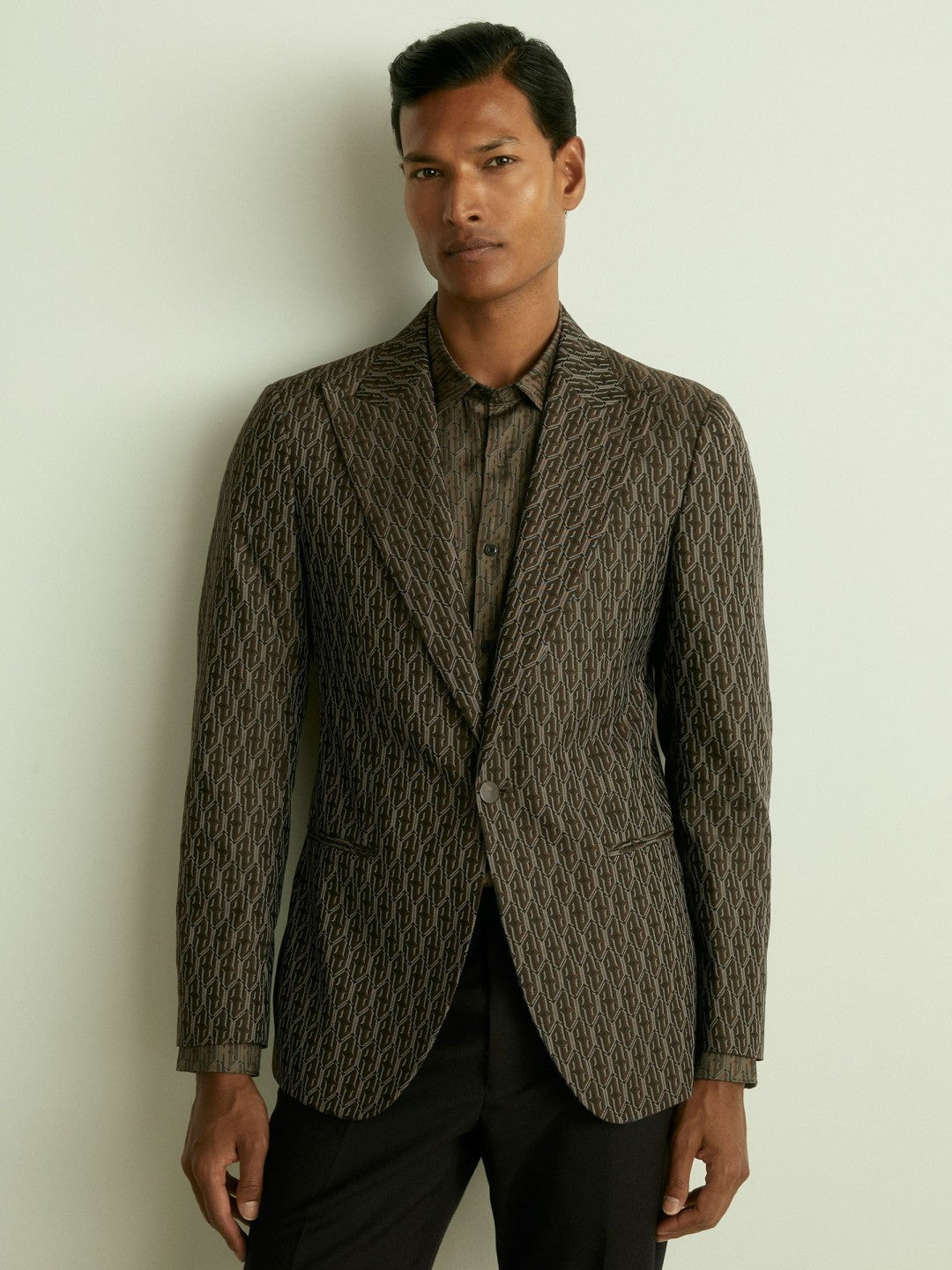 Reiss | Monogram-Jacquard Twill Blazer in Chocolate Brown
