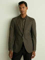 Reiss | Monogram-Jacquard Twill Blazer in Chocolate Brown
