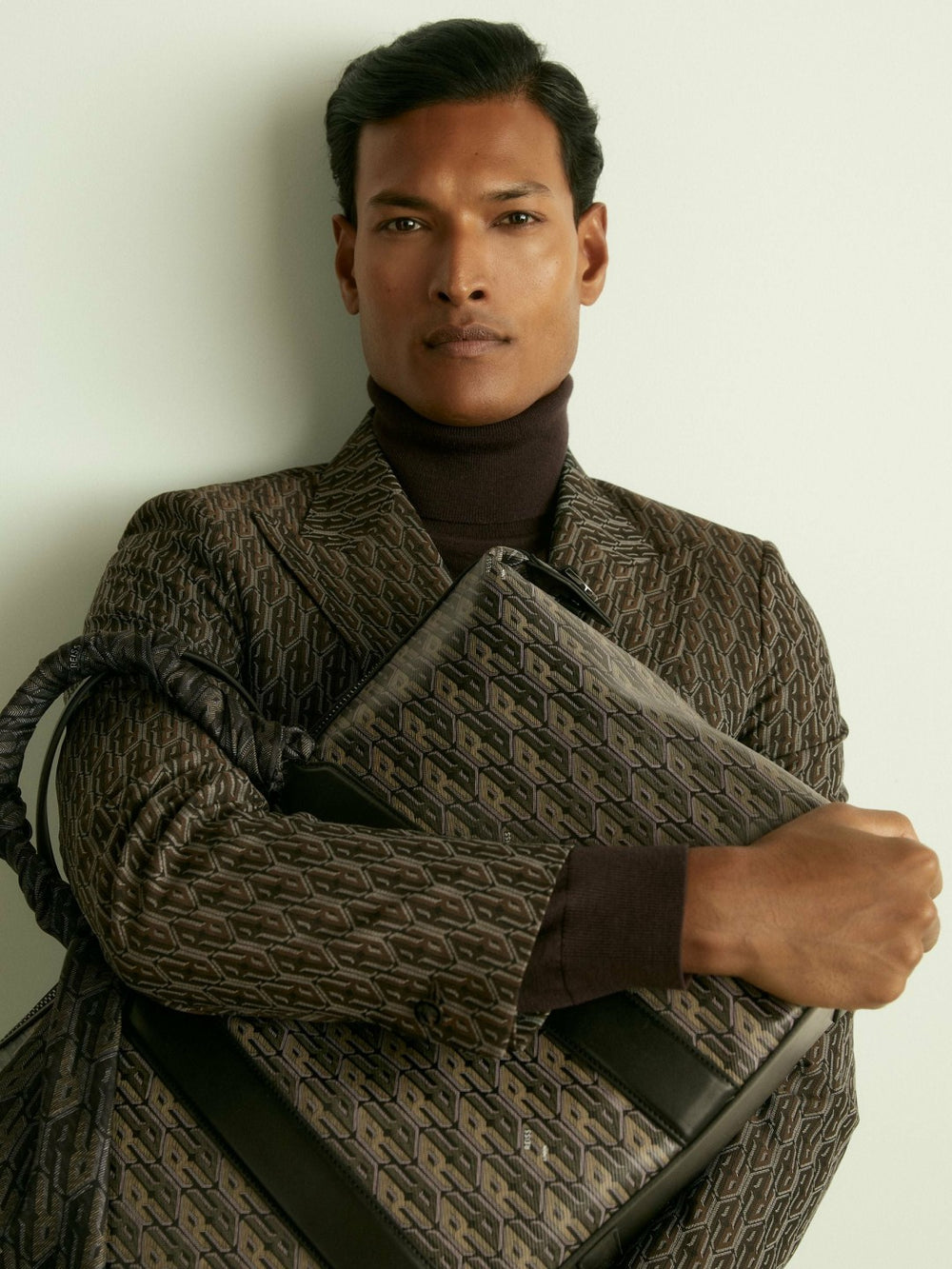 Reiss | Monogram-Jacquard Twill Blazer in Chocolate Brown