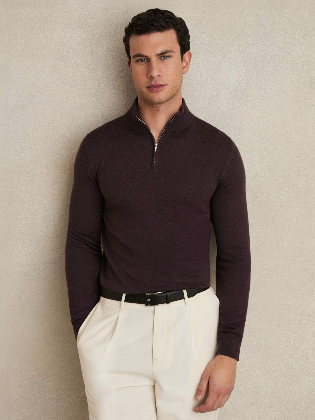 Reiss | Merino Wool Half-Zip Jumper in Dark Bordeaux
