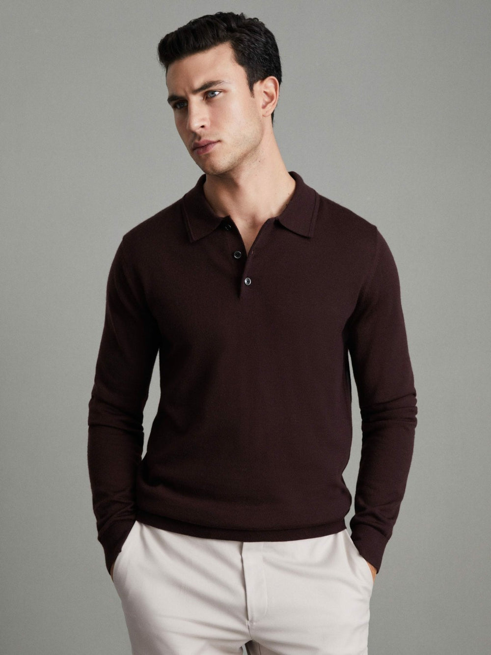 Reiss | Merino Wool Polo Shirt in Dark Bordeaux