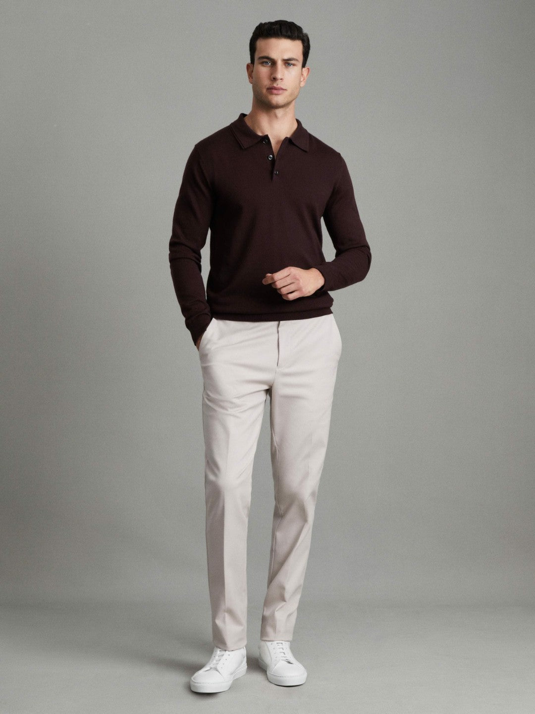 Reiss | Merino Wool Polo Shirt in Dark Bordeaux