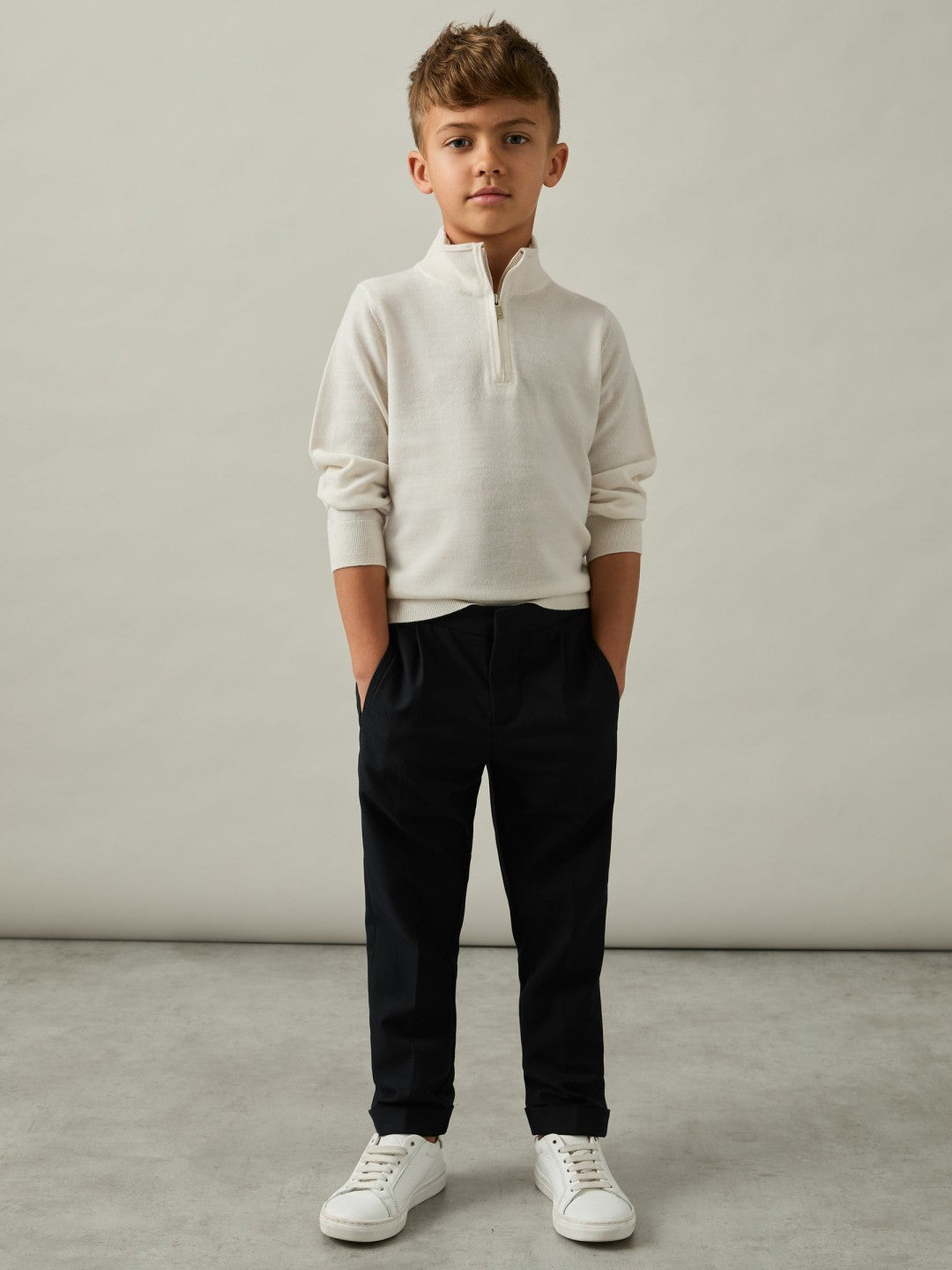 Reiss | 9-13 yrs Merino Wool Half-Zip Funnel Neck Jumper in Snow