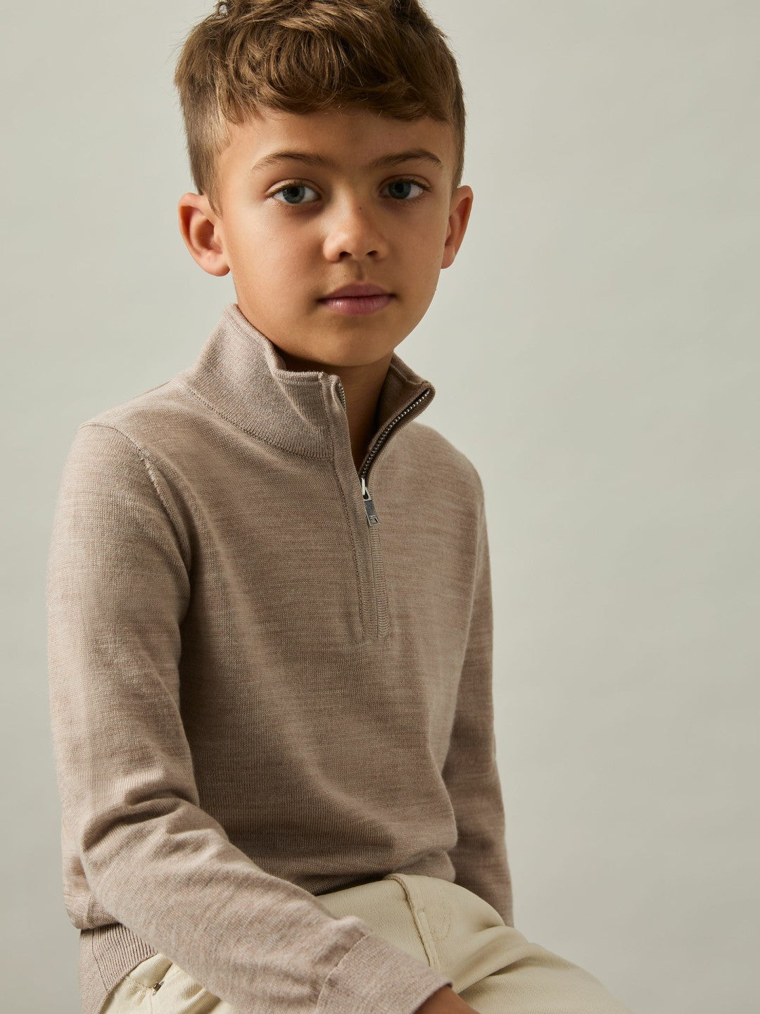 Reiss | 9-13 yrs Merino Wool Half-Zip Funnel Neck Jumper in Wheat Melange