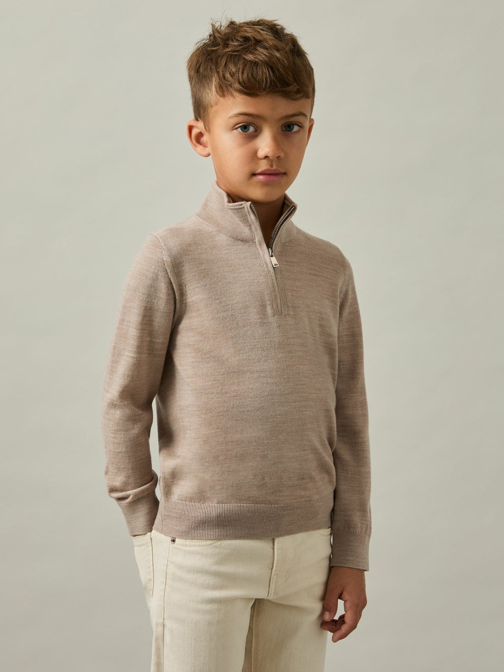 Reiss | 9-13 yrs Merino Wool Half-Zip Funnel Neck Jumper in Wheat Melange