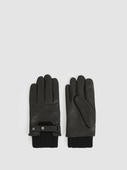 Reiss | Leather Ribbed-Cuff Gloves in Black