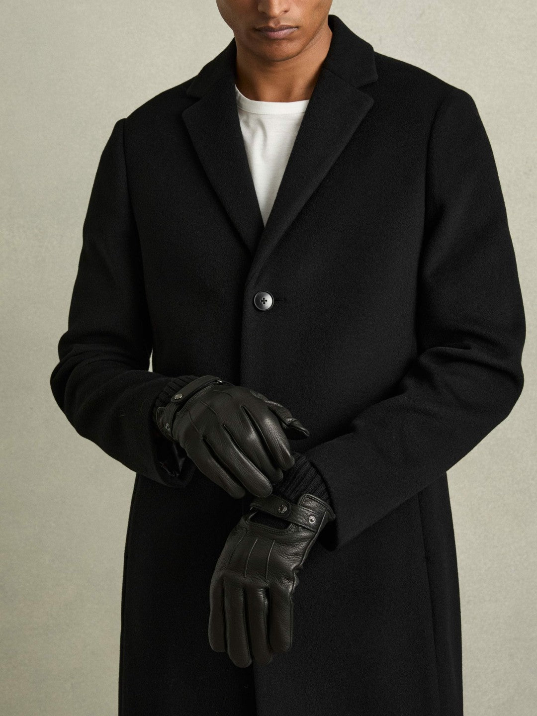 Reiss | Leather Ribbed-Cuff Gloves in Black
