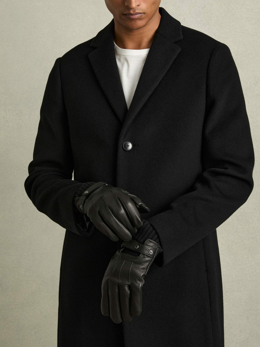 Reiss | Leather Ribbed-Cuff Gloves in Black