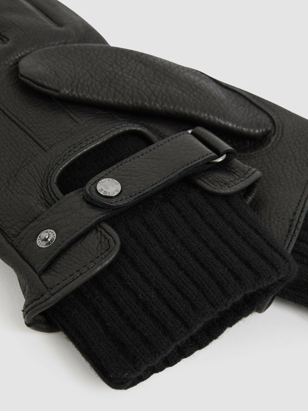 Reiss | Leather Ribbed-Cuff Gloves in Black