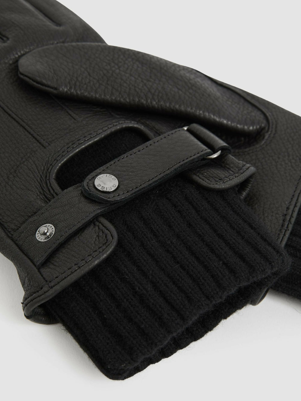 Reiss | Leather Ribbed-Cuff Gloves in Black