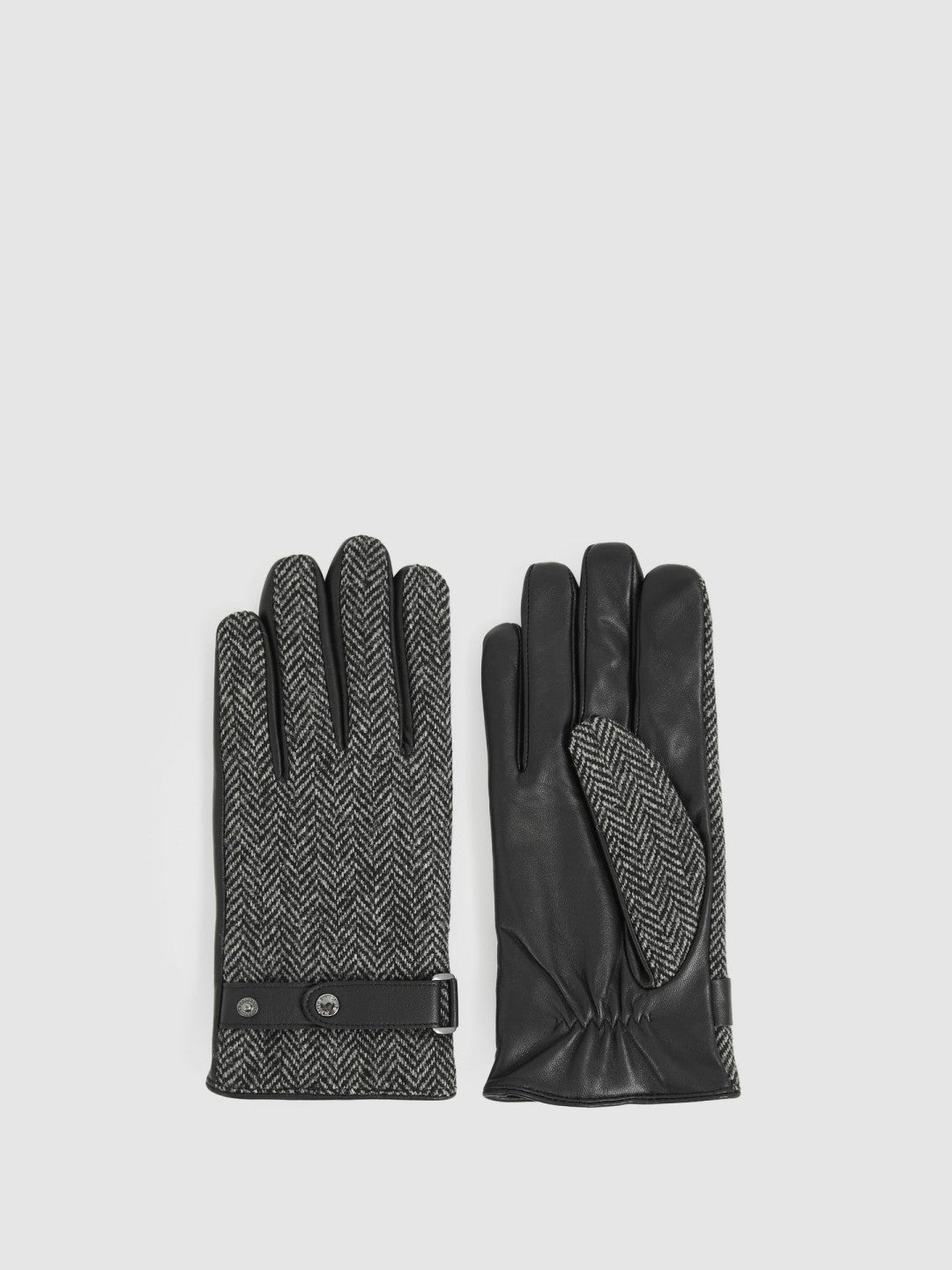 Reiss | Leather And Wool-Blend Herringbone Gloves in Black