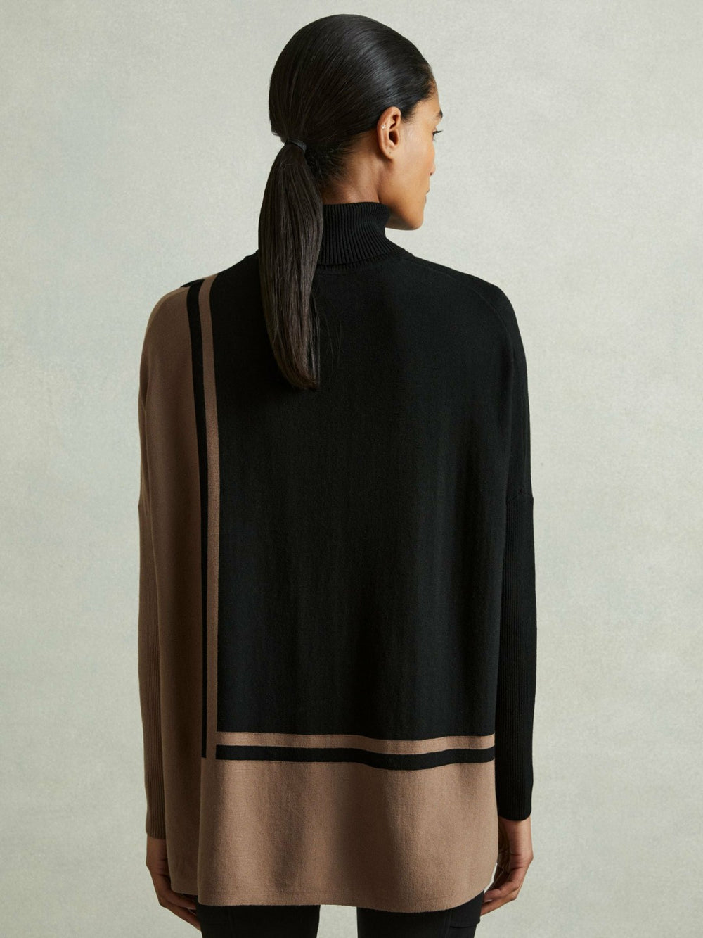 Reiss | Colourblock Roll Neck Split Hem Jumper in Black/Mink