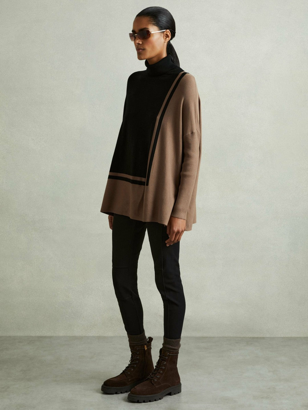 Reiss | Colourblock Roll Neck Split Hem Jumper in Black/Mink