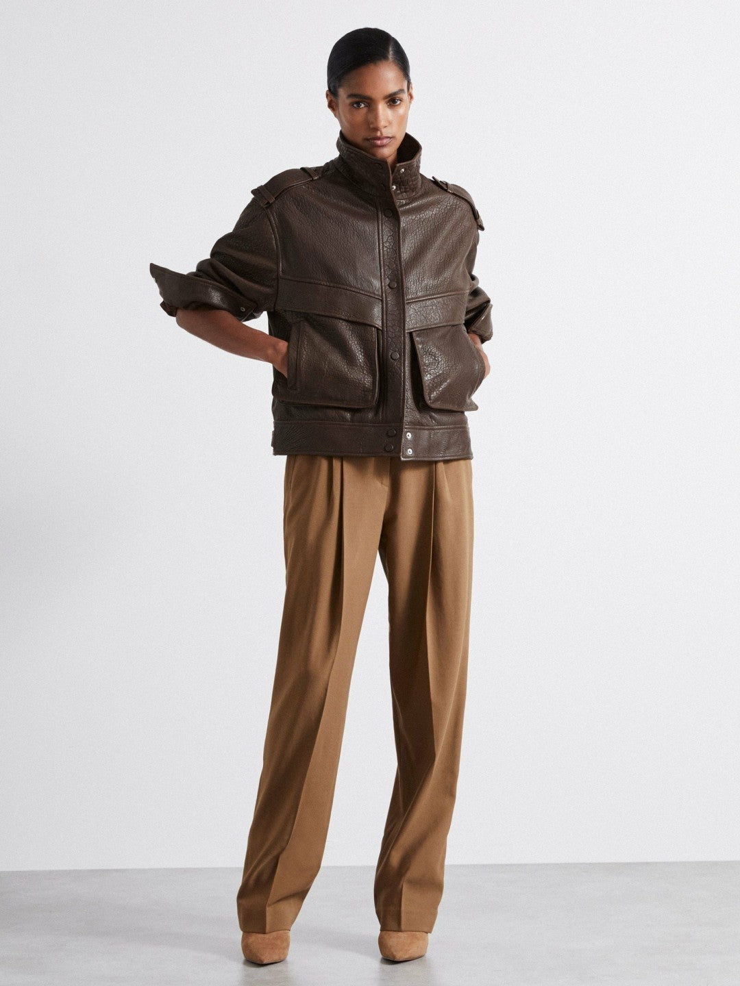 Reiss | Atelier Grained Leather Jacket in Chocolate
