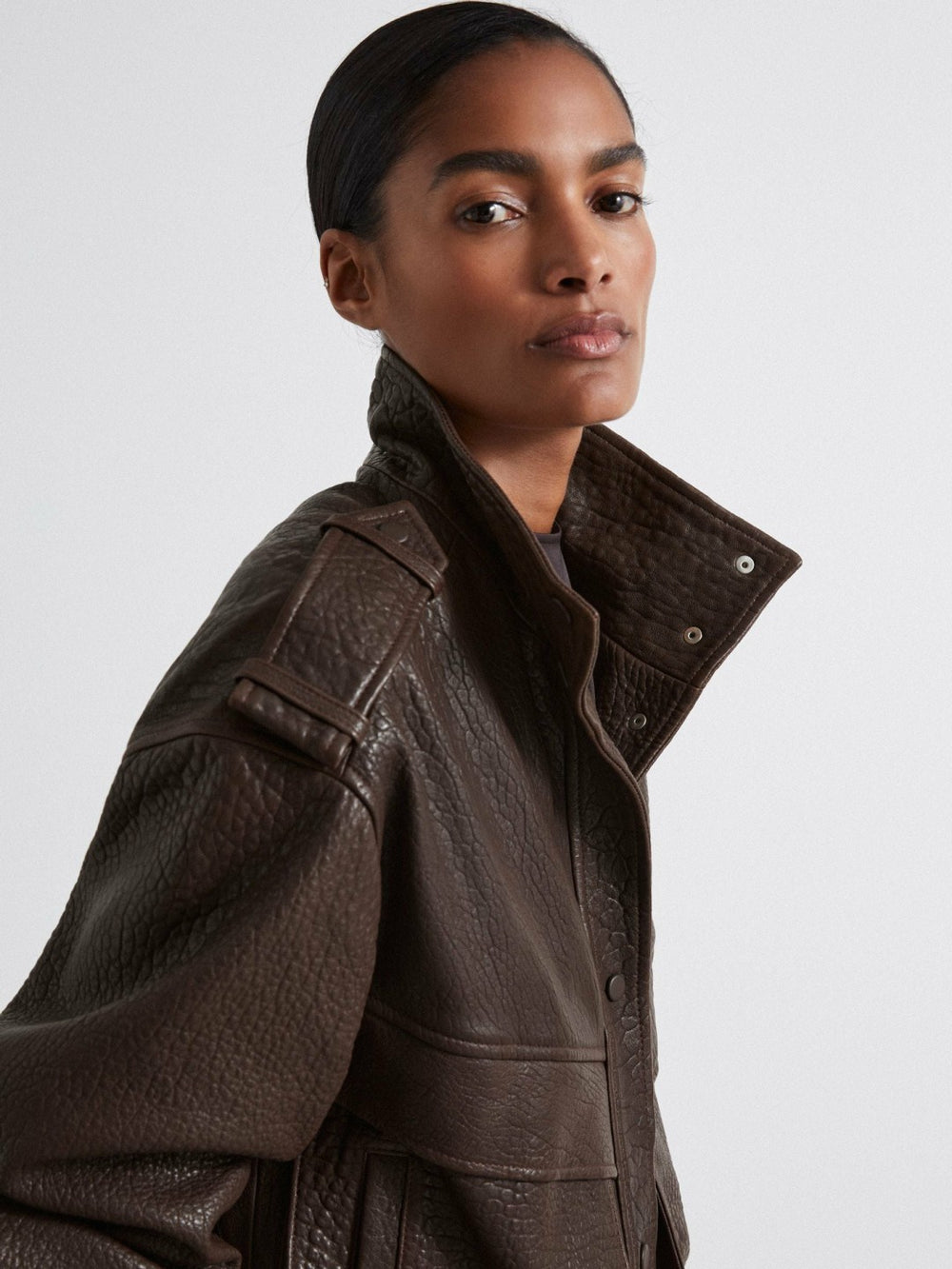 Reiss | Atelier Grained Leather Jacket in Chocolate