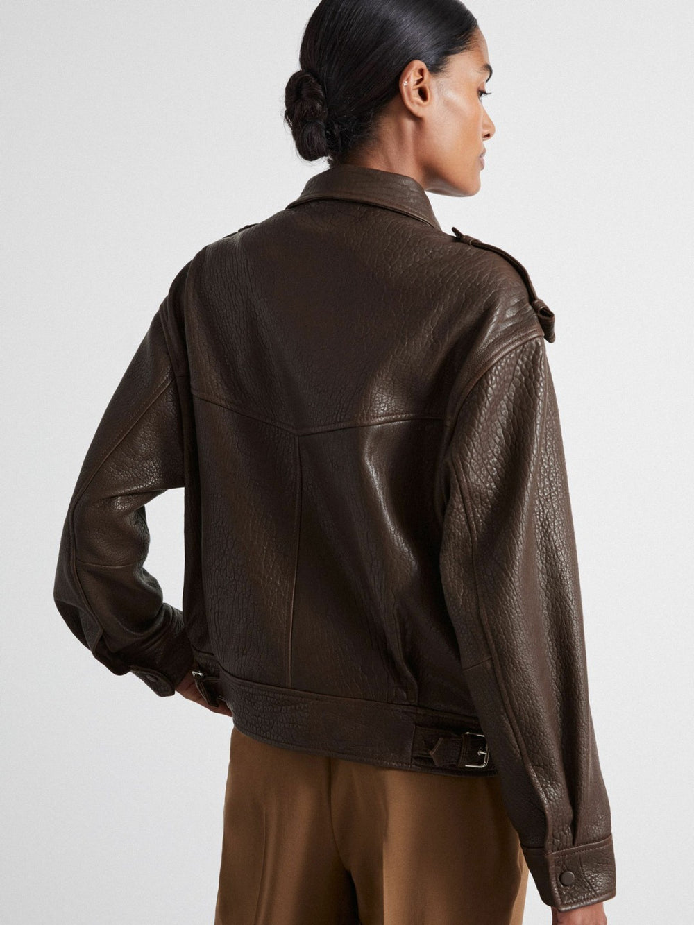 Reiss | Atelier Grained Leather Jacket in Chocolate
