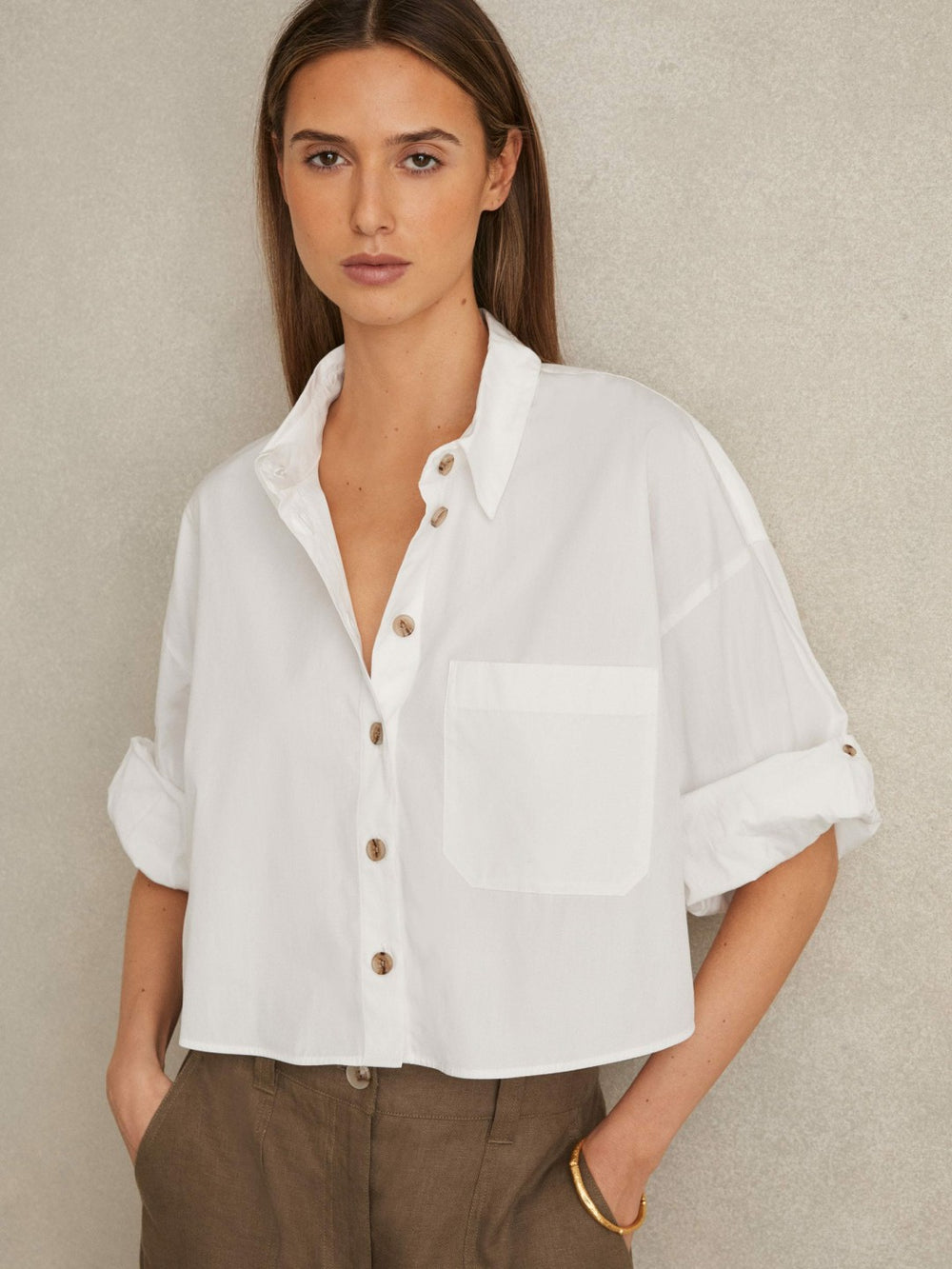 Reiss | Oversize Cotton Cropped Shirt in White