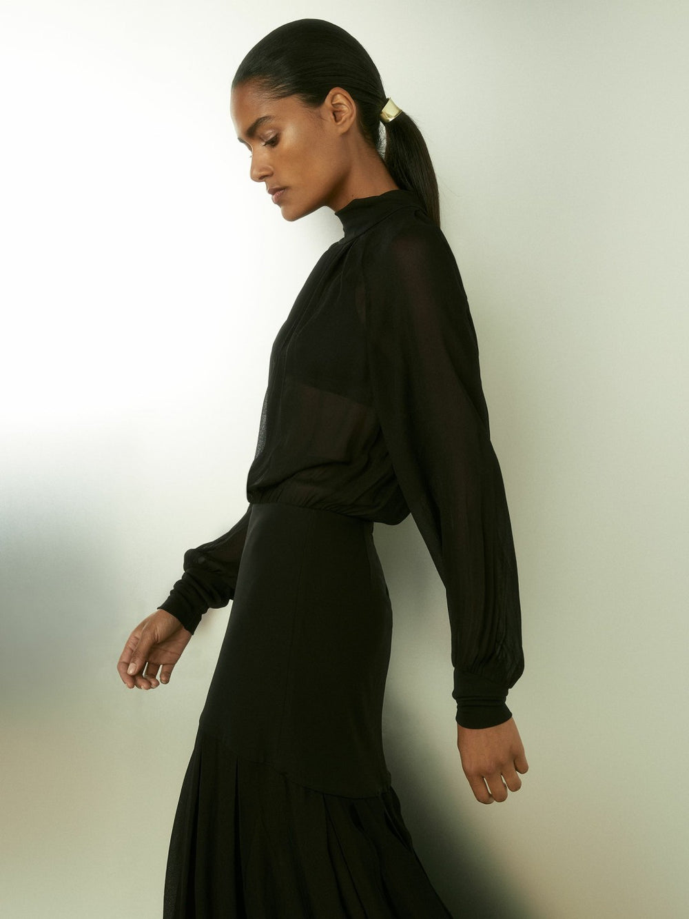 Reiss | Sheer Jersey Gathered Maxi Dress in Black