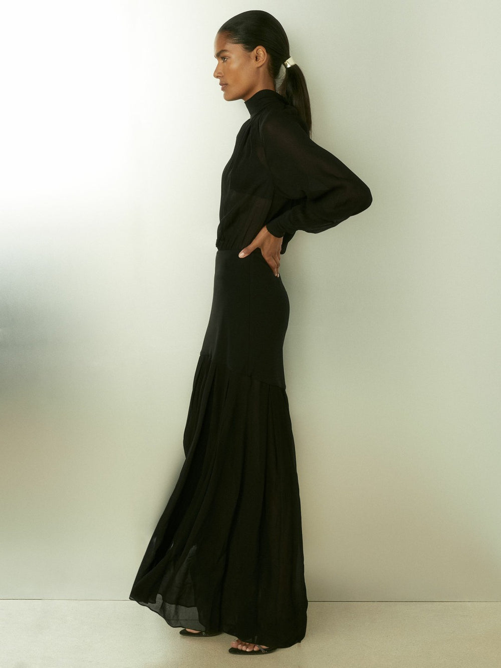 Reiss | Sheer Jersey Gathered Maxi Dress in Black