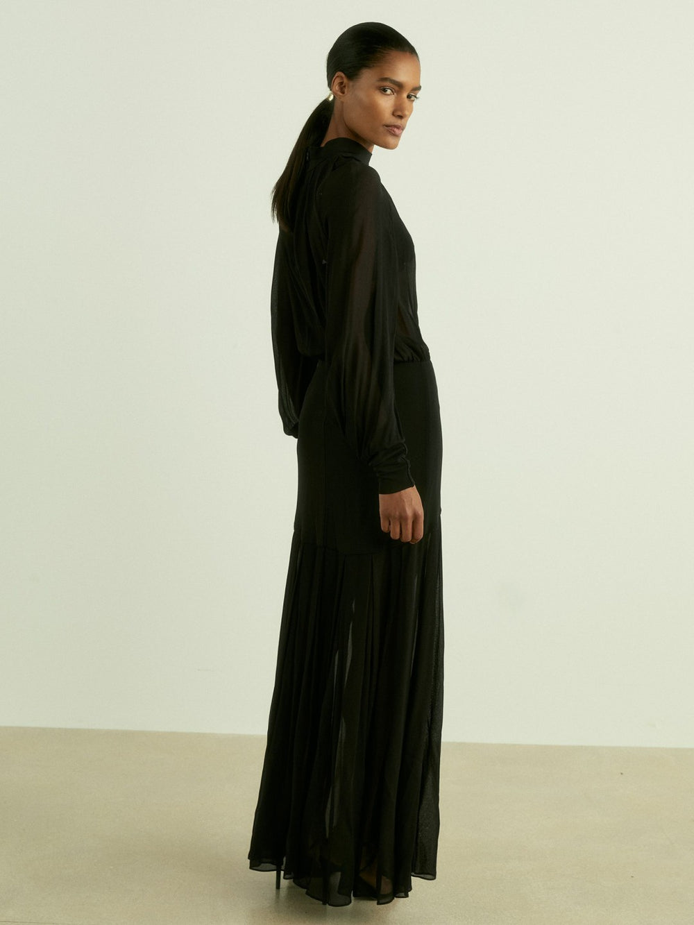 Reiss | Sheer Jersey Gathered Maxi Dress in Black