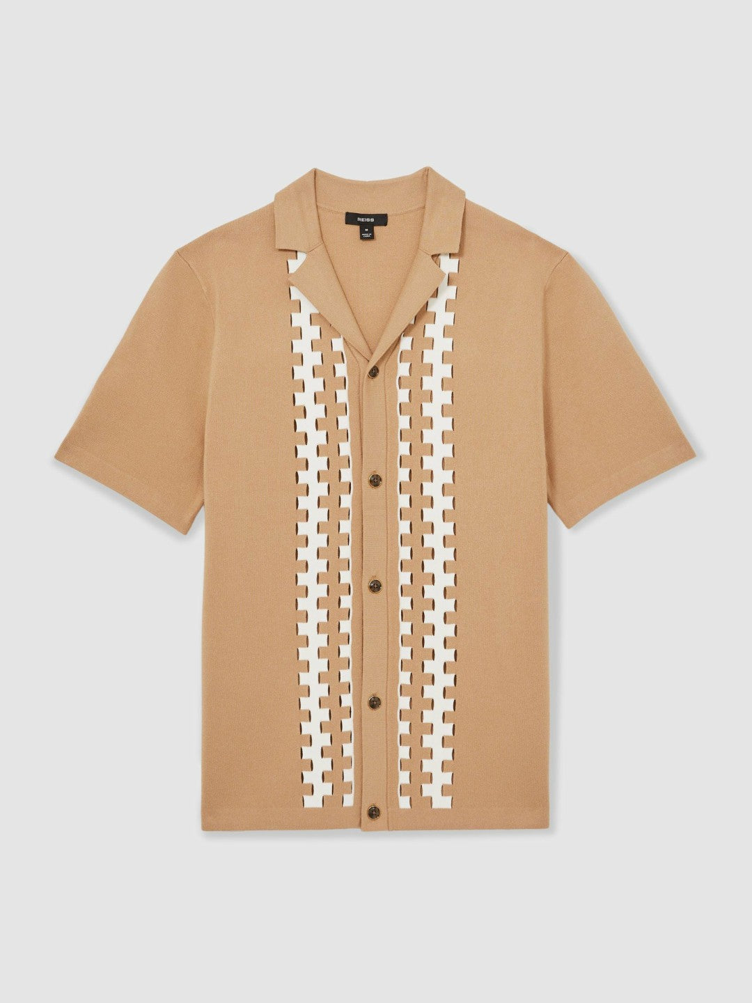 Reiss | Geometric Cuban-Collar Knit Shirt in Camel/Off White