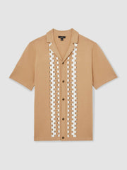 Reiss | Geometric Cuban-Collar Knit Shirt in Camel/Off White