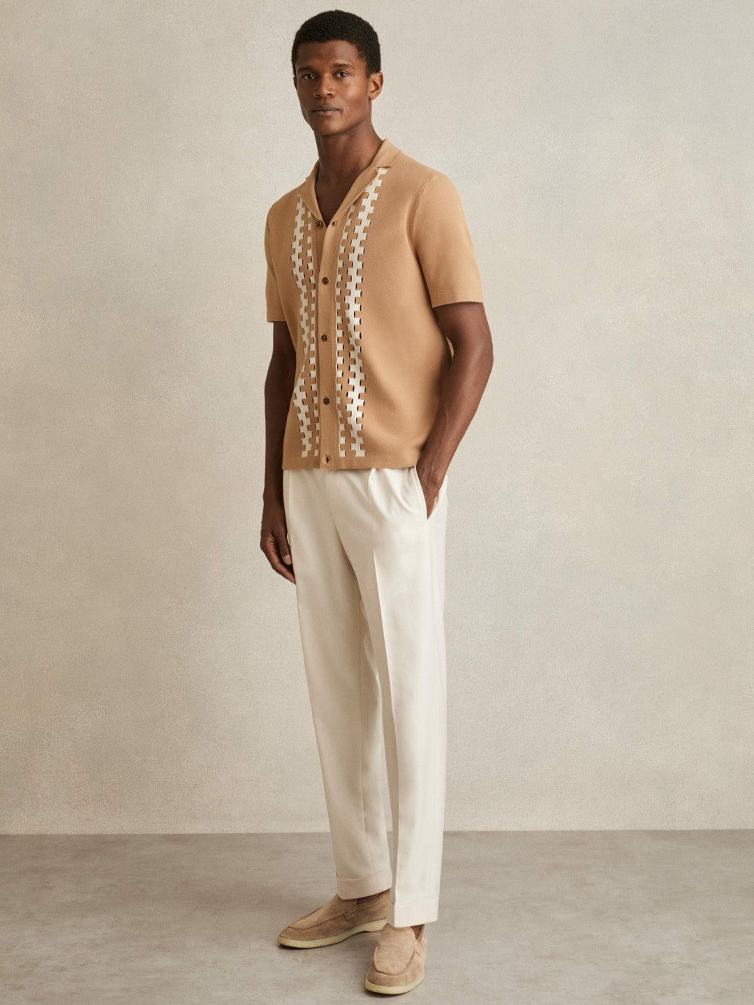 Reiss | Geometric Cuban-Collar Knit Shirt in Camel/Off White