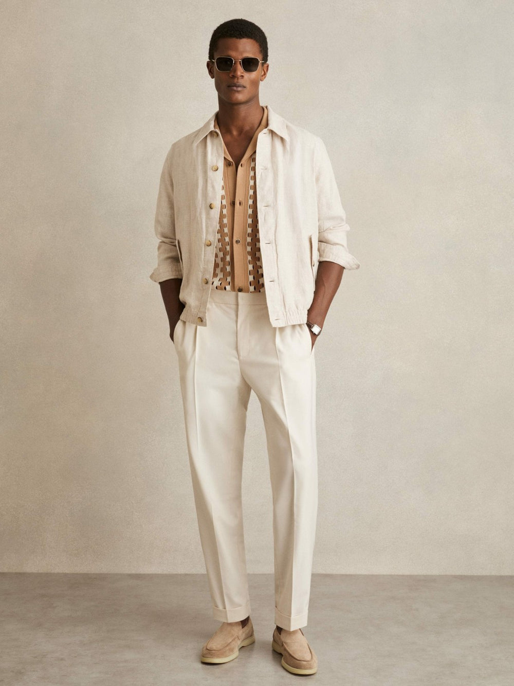 Reiss | Geometric Cuban-Collar Knit Shirt in Camel/Off White
