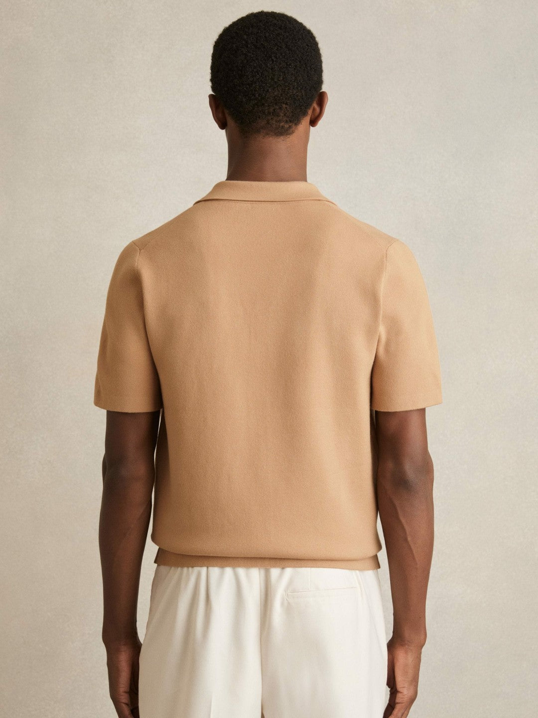 Reiss | Geometric Cuban-Collar Knit Shirt in Camel/Off White