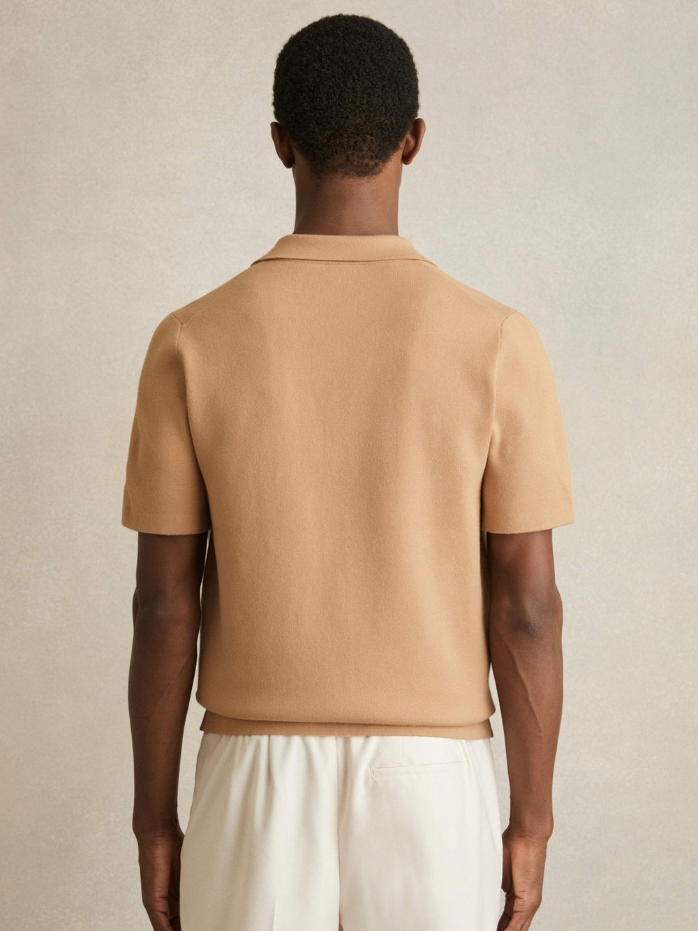Reiss | Geometric Cuban-Collar Knit Shirt in Camel/Off White