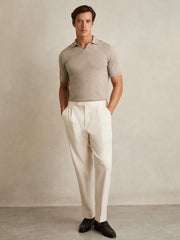 Reiss | Merino Wool Open Collar Polo Shirt in Wheat Melange