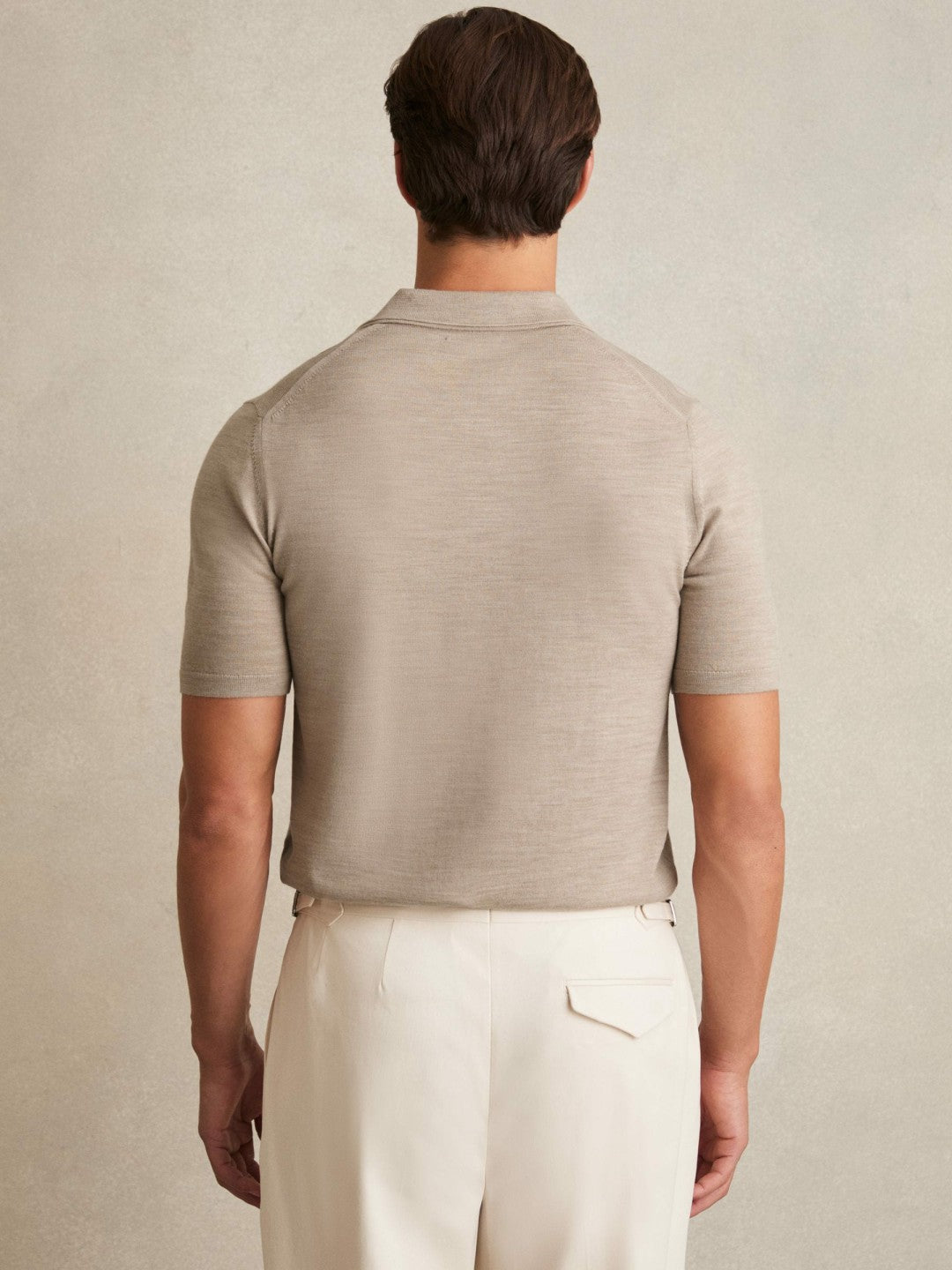 Reiss | Merino Wool Open Collar Polo Shirt in Wheat Melange