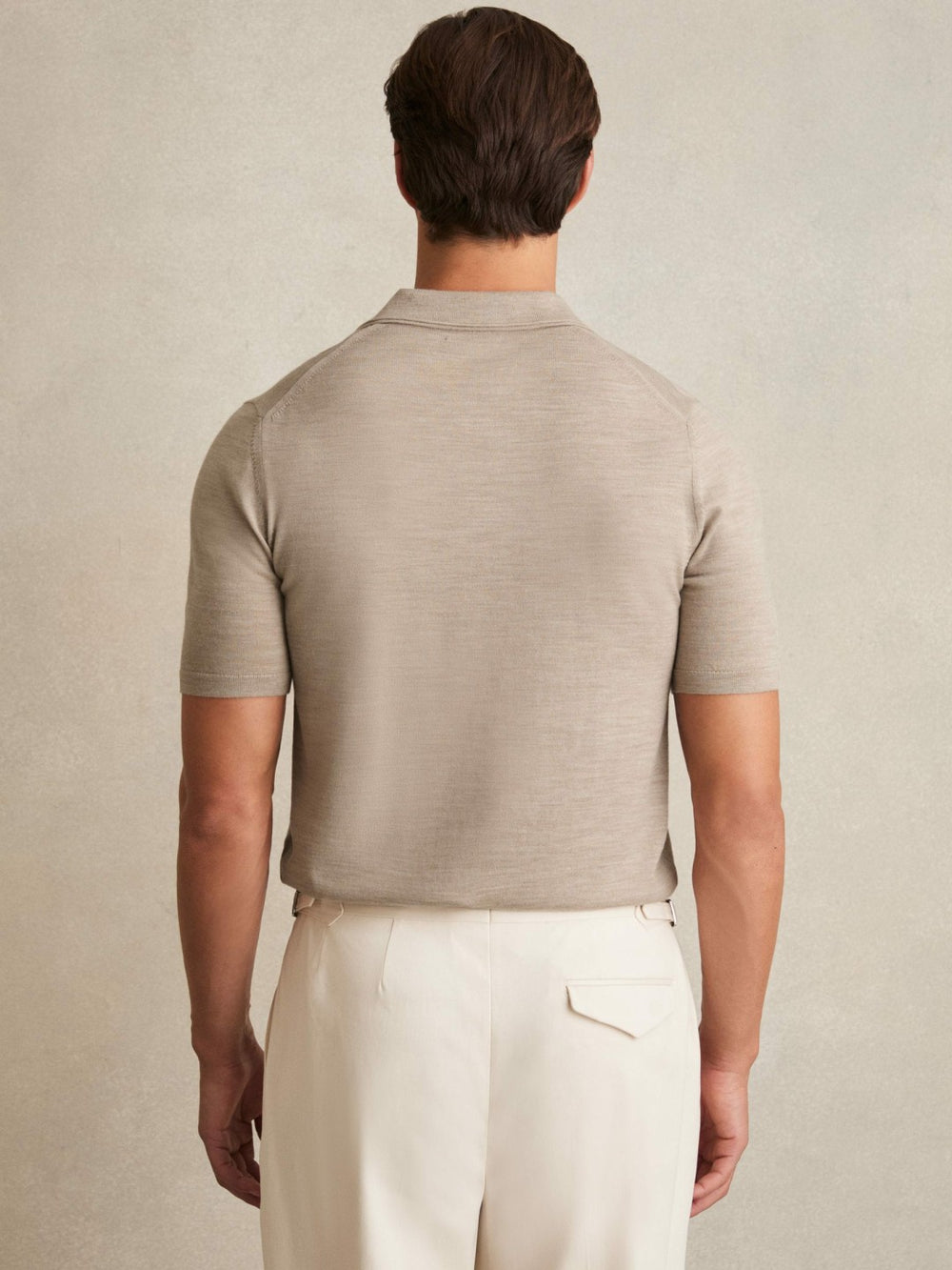 Reiss | Merino Wool Open Collar Polo Shirt in Wheat Melange