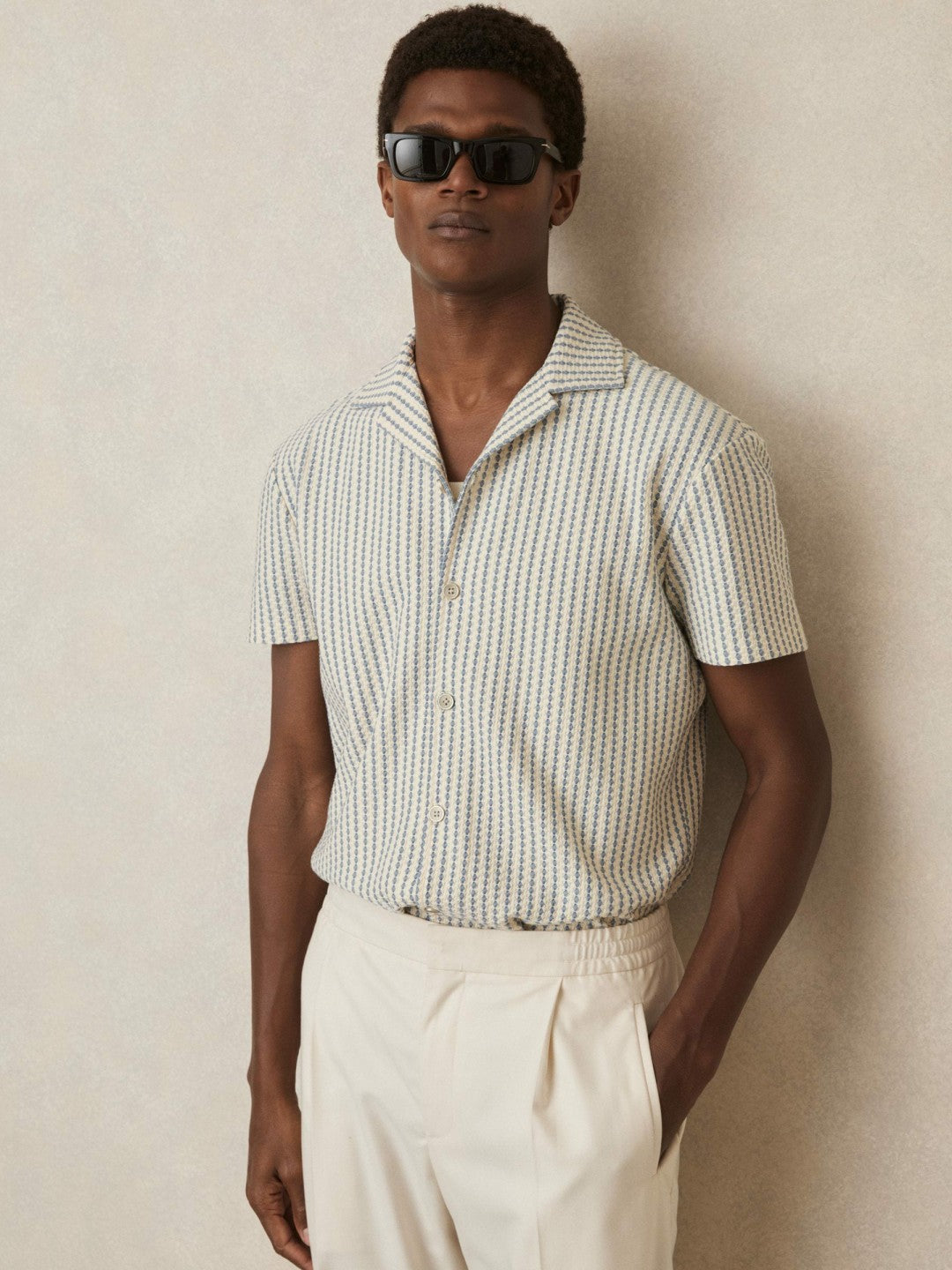 Reiss | Textured-Stripe Cuban-Collar Shirt in White/Soft Blue
