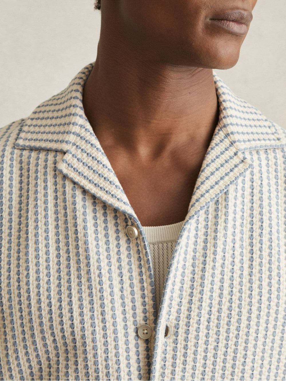 Reiss | Textured-Stripe Cuban-Collar Shirt in White/Soft Blue