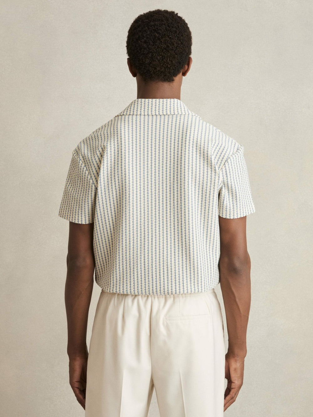Reiss | Textured-Stripe Cuban-Collar Shirt in White/Soft Blue