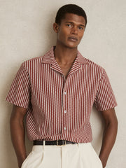 Reiss | Textured-Stripe Cuban-Collar Shirt in Rust Red/White