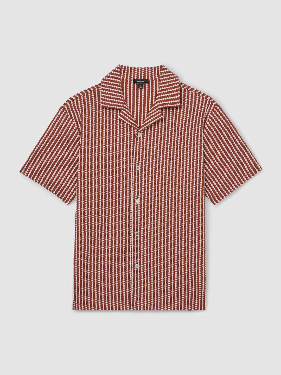 Reiss | Textured-Stripe Cuban-Collar Shirt in Rust Red/White